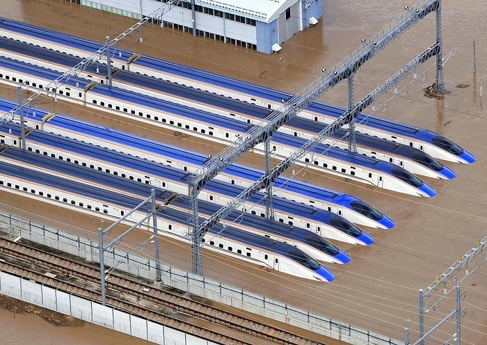 Typhoon No. 19, Chikuma River levee broke and flooded Nagano Shinkansen Train Center Aerial view Typhoon No. 19. The Nagano Shinkansen train center was flooded after the Chikuma River burst its banks. Nagano City. Taken from the head office helicopter on October 13, 2019. The Hokuriku Shinkansen Line will be affected for a long time, with 10 trains flooded and only half in operation even if the line reopens.