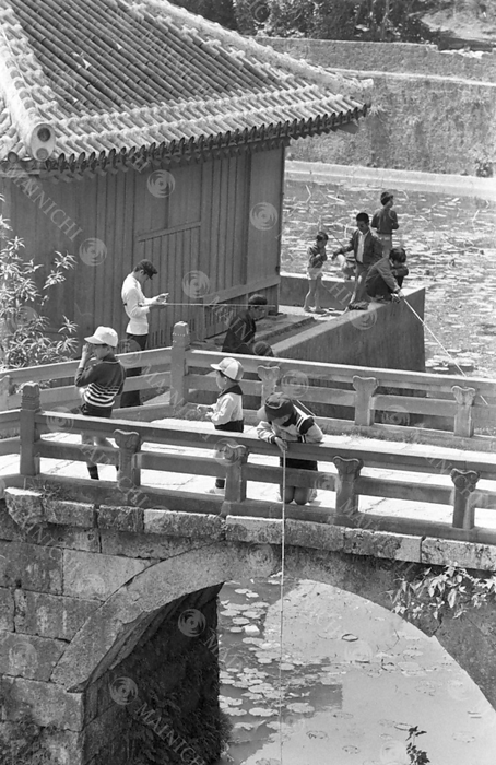 Return of Okinawa, Shurijo Castle Park  May 1972  Citizens enjoying fishing at Enkyoke Benten Pond, photographed in May 1972 at Shurijo Park, Naha.