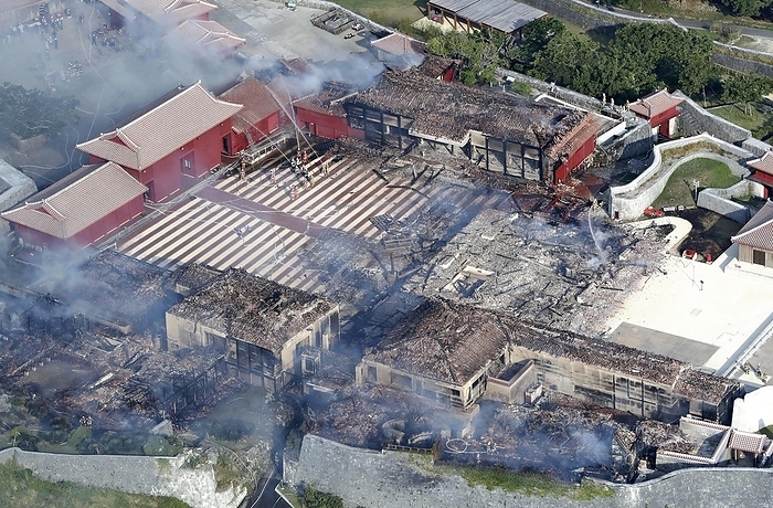 Aerial view of Shuri Castle where the main hall  center right  and the north hall  above  were burned down. Shuri Castle, where the main hall  center right  and the north hall  above  were burned down. The main part of Shuri Castle was destroyed by fire. From a helicopter chartered by the head office. Taken at 8:43 a.m. on October 31, 2019. The evening edition of the same day,  Okinawa s Treasure: Shuri Castle Totally Burned Down,  Unbelievable,  Residents Exclaim.