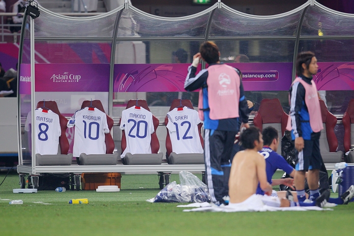 AFC Asian Cup 2011 Final Kagawa s and others  uniforms on the Japan bench The ambiance shot JANUARY 29, 2011   Football : AFC Asian Cup final soccer match between Australia 0 1 Japan at Khalifa Stadium  in Doha, Qatar.  Photo by AFLO SPORT   1090 