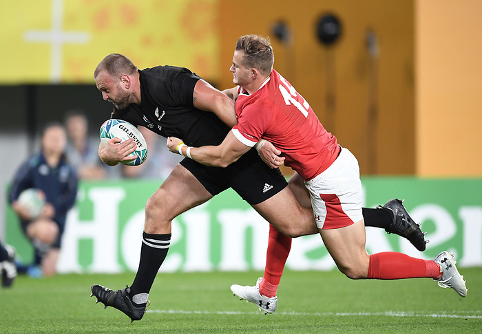 2019 Rugby World Cup 3rd Place Match New Zealand prop Joe Moody scores a try over Welsh FB Hallam Amos  right  in the first half of the Rugby World Cup third place match between New Zealand and Wales, November 1, 2019  photo date 20191101  photo location Ajinomoto Stadium
