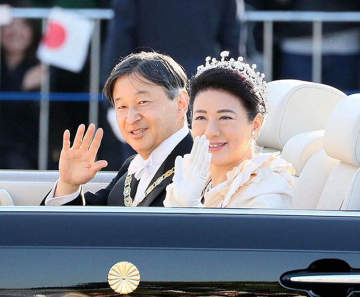 Their Majesties the Emperor and Empress wave to each other during the  Celebration Procession  to announce their accession to the throne. Their Majesties the Emperor and Empress wave to each other during the  Celebration Procession  to announce their accession to the throne, in Chiyoda ku, Tokyo, Japan, Nov. 10, 2019, 3:04 p.m. Photo by Kentaro Ikushima.