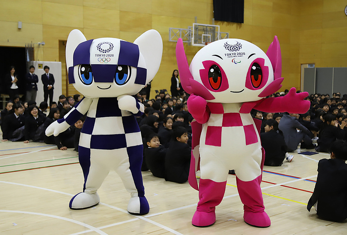 Tokyo 2020 Olympics mascot Miraitowa robot and Paralympics mascot Someity robot demonstrate at a school November 18, 2019, Tokyo, Japan   Tokyo 2020 Olympics mascot Miraitowa robot  L  and Paralympics mascot Someity robot  R  are greeted by elementary school children as their robots demonstrated before pupils at the Hoyonomori Gakuen school in Tokyo on Monday, November 18, 2019. The robots developed by Toyota Motor are part of Tokyo 2020 robot project.     Photo by Yoshio Tsunoda AFLO 