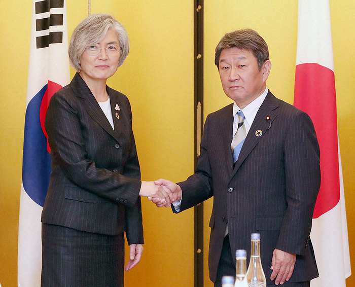 Japan Korea Foreign Ministers  Meeting Foreign Minister Toshimitsu Mogi  right  and South Korean Foreign Minister Kang Kyung wha shake hands before their meeting at 3:40 p.m. on Nov. 23, 2019 in Naka Ward, Nagoya, Japan  Representative Photo 