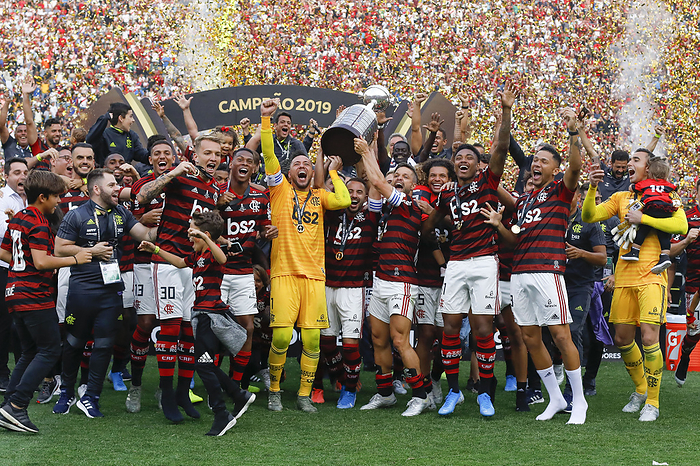 Team of Flamengo celebrate wins after the 2019 Copa Libertadores Final between Flamengo of Brazil and River Plate of Arg Flamengo players celebrate with the trophy after winning the Copa Libertadores Final match between Flamengo 2 1 River Plate at Estadio Monumental in Lima, Peru, November 23, 2019.  Photo by AFLO 