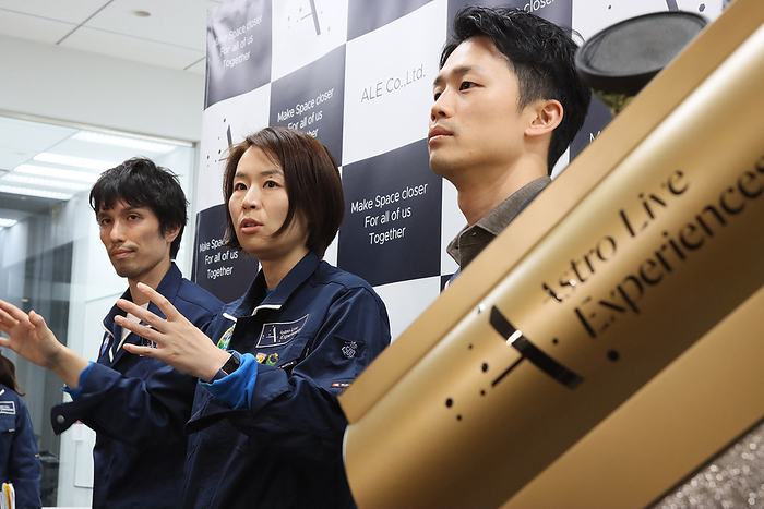 Japanese space venture ALE president Rena Okajima speaks for the company s second satellite November 29, 2019, Tokyo, Japan   Japanese space venture Astro Live Experiences  ALE  president and CEO Rena Okajima  C  accompanied by ALE COO Tomoaki Fujita  R  and chief engineer Koh Kamachi  L  speaks before press for the company s second satellite to make artificial shooting stars at the ALE headquarters in Tokyo on Friday, November 29, 2019. The second satellite was scheduled to launch with the Electron rocket of Rocket Lab from New Zealand on November 29 but postponed just before launching.     Photo by Yoshio Tsunoda AFLO 