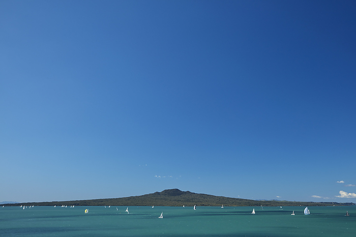 New Zealand Rangitoto Island and yachts, seen from Devonport, Auckland, North Island, New Zealand