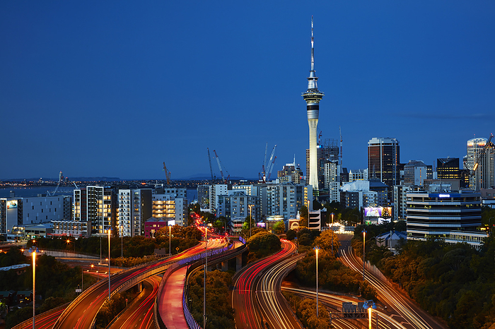 New Zealand Motorways, Lightpath cycleway, and Skytower at dusk, Auckland, North Island, New Zealand