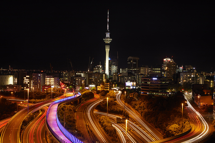 New Zealand Motorways, Lightpath cycleway, and Skytower at night, Auckland, North Island, New Zealand