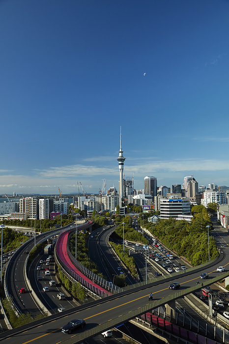New Zealand Motorways, Lightpath cycleway, and Skytower, Auckland, North Island, New Zealand