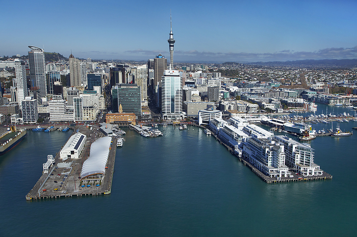 New Zealand The Cloud events venue, Queen s Wharf, Ferry Terminal, Sky Tower, and Hilton Hotel, Auckland waterfront, Auckland, North Island, New Zealand   aerial