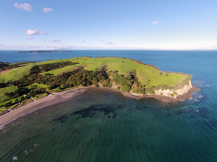 New Zealand Te Haruhi Bay, Shakespear Regional Park, Whangaparaoa Peninsula, North Auckland, North Island, New Zealand   drone aerial