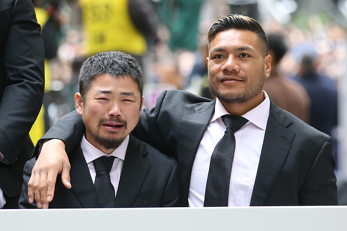 2019 Rugby World Cup Japan team parades in Tokyo  L R  Shiro Tanaka, Fumiaki Tanaka, Lomano Lava Lemeki, DECEMBER 11, 2019   Rugby : Japan Rugby union players are celebrated by fans Japan reached the World Cup quarter finals for the first time. 