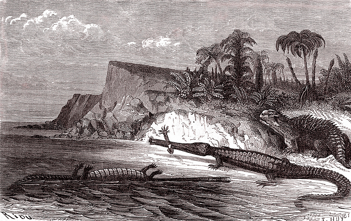 Teleosaurus and Hylaeosaurus reptiles, 19th century Teleosaurus  centre and right  and Hylaeosaurus  upper right  reptiles, 19th century illustration. This inaccurate reconstruction shows these prehistoric reptiles co existing when they actually date from two different time periods. Teleosaurus was a prehistoric crocodile like  crocodyliform  reptile that lived during the Middle Jurassic  around 176 to 161 million years ago  and grew to around 3 metres in length. Hylaeosaurus was a heavily armoured herbivorous ankylosaur that lived around 136 million years ago, during the Early Cretaceous. It grew to around 5 metres in length. This artwork was published in an 1864 edition of  The World Before the Deluge  by Louis Figuier.