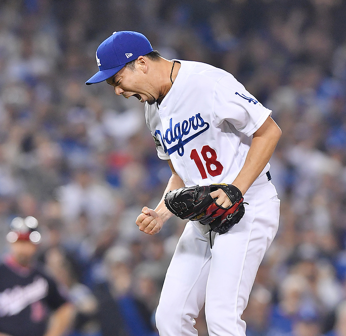 Kenta Maeda  LAD  Los Angeles Dodgers pitcher Kenta Maeda reacts during the National League Division Series Game 5 agaisnt the Washington Nationals in Los Angeles, United States, October 9, 2019.  Photo by AFLO  