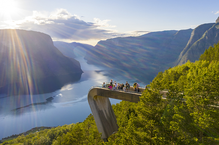 Tourists admiring the fjord from Stegastein viewpoint, Aurlandsvangen, Sognefjord, Norway Tourists admiring the fjord from Stegastein viewpoint, Aurlandsvangen, Sognefjord, Norway, Scandinavia, Europe, Photo by Roberto Moiola