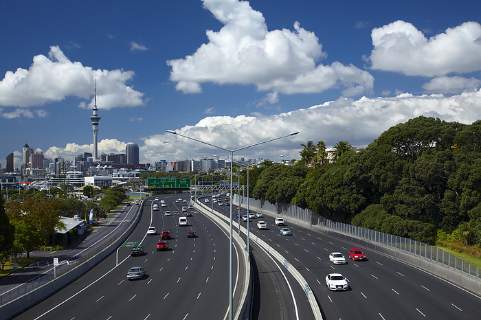 New Zealand Northern Motorway and Skytower, Auckland, North Island, New Zealand