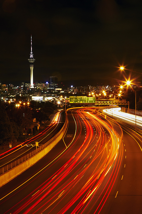 New Zealand Northern Motorway and Skytower at night, Auckland, North Island, New Zealand