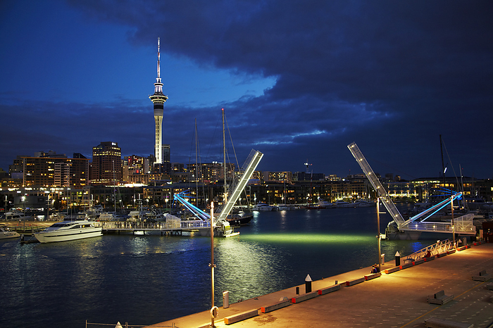 New Zealand Wynyard Crossing bridge, and Skytower, Auckland waterfront, North Island, New Zealand