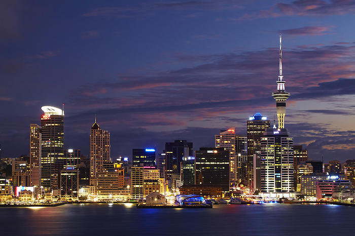 New Zealand Auckland CBD, Skytower, and Waitemata Harbour, North Island, New Zealand