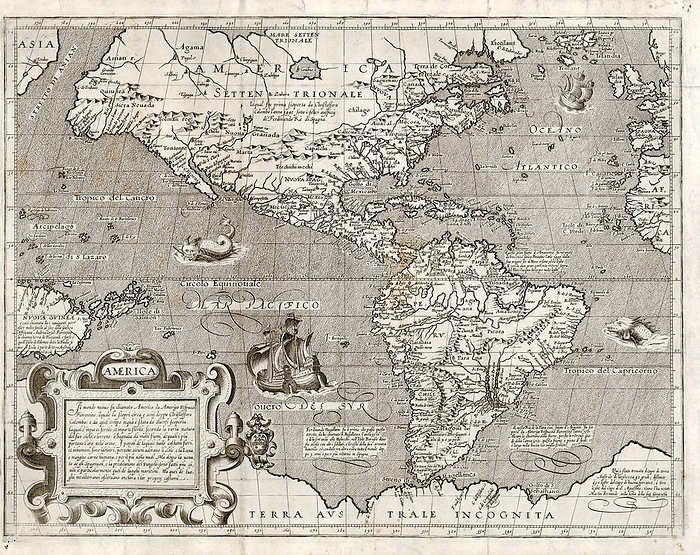 Map of the Americas, circa 1600 Map of the Americas, circa 1600. Features of this map include the inscription at lower left, which recounts the history of explorers Amerigo Vespucci and Christopher Columbus, with Ferdinand Magellan s ships  Concepion and Victoria  nearby in the Pacific Ocean. New Guinea is shown at far left, and California is correctly shown as a peninsula, rather than an island. This map was created by Flemish born cartographer Arnoldo di Arnoldi  died 1602  who lived and worked in Italy. The printer was Matteo Florimi.