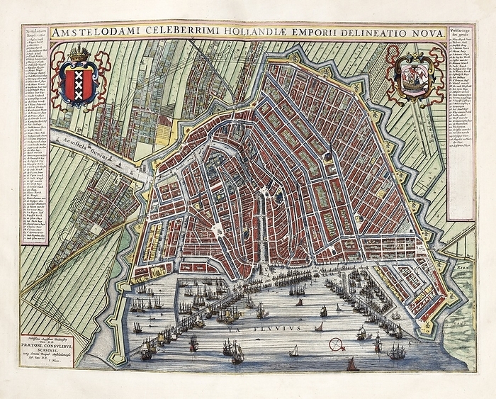 Map of Amsterdam, 17th century Map of Amsterdam, 17th century. This city is the capital of the Netherlands and a major port at the mouth of the Amstel River. The 17th century was the Golden Age of Amsterdam, when it was among the wealthiest cities in the world. The city coat of arms is at upper left. This map is from  Toonneel der steden van de Vereenighde Nederlanden   1652 , an atlas of maps of the cities and towns of the United Provinces of the Netherlands, published by Dutch cartographer Joan Blau  1596 1673 .