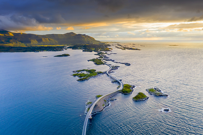 Aerial view of the Atlantic Road during sunset, More og Romsdal county, Norway Aerial view of the Atlantic Road during sunset, More og Romsdal county, Norway, Scandinavia, Europe, Photo by Roberto Moiola