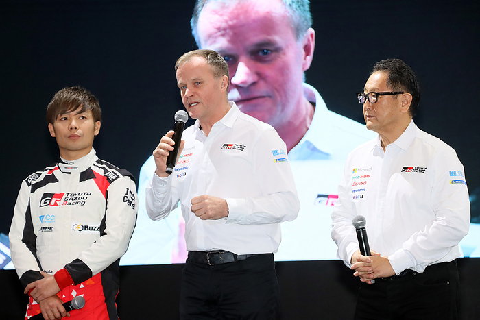 Tookyo Auto Salon, a large custom car trade show is held in Chiba January 10, 2020, Chiba, Japan   Toyota Motor s world rally team principal Tommi Makinen  C  of Finland speaks while Toyota president Akio Toyoda  R  and Japanese driver Takamoto Katsuta  L  look on at a team presentation at the Tokyo Auto Salon 2020 in Chiba, suburban Tokyo on Friday, January 10, 2020. Some 1,000 vehicles will be exhibited at a three day custom car trade show.     Photo by Yoshio Tsunoda AFLO 