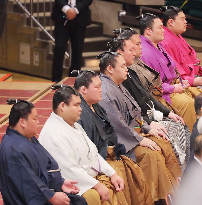 Sumo Tournament Hatsu sho, ring festival From left, Oeisho, Takayasu, Goeido, Tsururyu, Hakuho, Kikakatsu, Asanoyama, and Atamitsu at the ring festival of the first sumo tournament of the year 2020.111 date 20200111 place Ryogoku Kokugikan