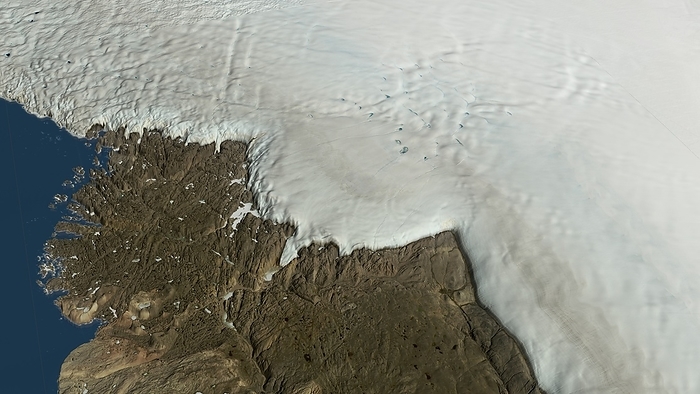 Hiawatha glacier and crater in Greenland, satellite image Hiawatha glacier and crater in Greenland, satellite image.  The rounded structure at centre is a large impact crater covered in ice from the Hiawatha Glacier in north western Greenland. This is the first meteorite impact crater found under the Greenland ice sheet. It is one of the largest impact craters on Earth, measuring around 300 metres deep and more than 30 kilometres in diameter. It has been studied using satellites and airborne ice penetrating radar. The crater was formed less than 3 million years ago, probably towards the end of the last ice age. This image combines data from various satellites and was obtained on 14 November 2018. For this area with the ice cover removed, see image C047 9572.