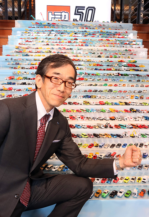 Japanese toymaker Tomy holds the 50th anniversary event of the company s minicar brand Tomica January 15, 2020, Tokyo, Japan   Japanese toymaker Tomy president kazuhiro Kojima poses before the company s minicars Tomica as he attends the 50th anniversary event of Japanese toymaker Tomy s minicar brand  Tomica  in Tokyo on Wednesday, January 15, 2020. Tomy sold more than 1,050 models and over 670 million units Tomica minicar in a half century.     Photo by Yoshio Tsunoda AFLO 