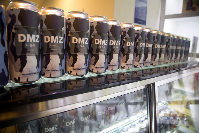 DMZ Beer in Paju DMZ Beer, Jan 25, 2020 : Cans of DMZ beer brewed and canned by Playground Brewery are displayed for sale in Paju, north of Seoul, South Korea.  Photo by Lee Jae Won AFLO   SOUTH KOREA 