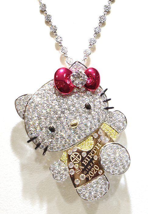 Sanrio announces the company s 60th anniversary exhibition in this summer January 31, 2020, Tokyo, Japan   Japan s jeweller SA BIRT displays diamonds pendant of Sanrio s character Hello Kitty, studded with total 20.20ct diamonds with platinum, priced 20.2 million yen at Sanrio headquarters in Tokyo on Friday, January 31, 2020.    Photo by Yoshio Tsunoda AFLO 