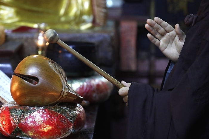 Buddhist ceremony at temple. Monk playing on a wooden fish (percussion instrument). Taoist temple. Emperor Jade pagoda (Chua Phuoc Hai).   Ho Chi Minh city. Vietnam. 