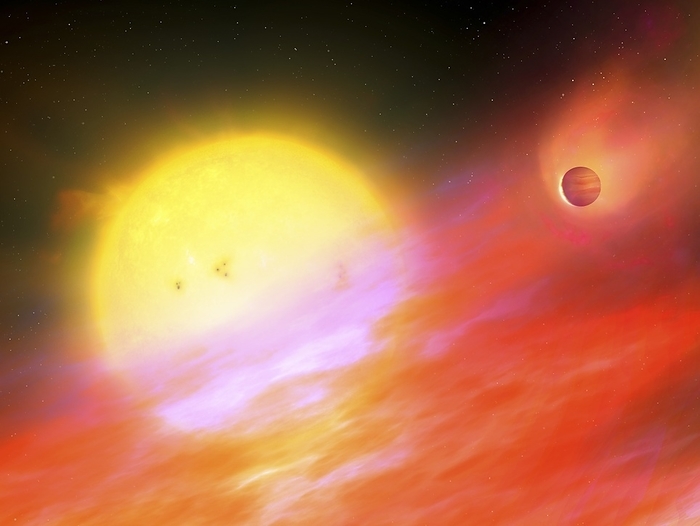 DMPP 2 exoplanet system, illustration Illustration of one of the planets identified by the Dispersed Matter Planet Project  DMPP . This is DMPP 2, which is a gas giant, orbiting a strongly pulsating star. The DMPP uses signatures of absorption by circumstellar gas to identify the probable host stars of key exoplanets. The team, headed by Carole Haswell from the Open University, observed 39 stars shrouded in circumstellar gas and used radial velocity techniques to search for evidence of exoplanets in orbit around those stars.