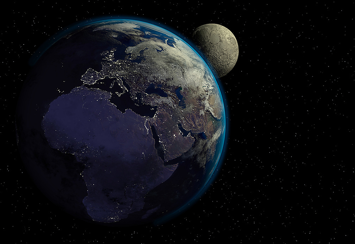 Earth and Moon, illustration Planet earth with sunrise in space, city lights and moon. Europe, Asia and Africa view.  Original maps provided by NASA. 
