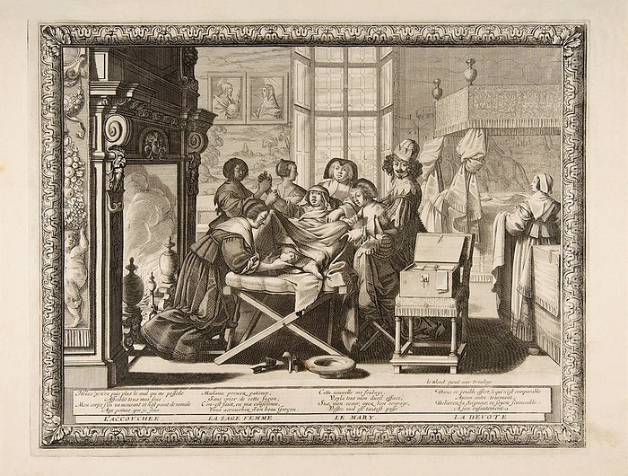Childbirth, 17th century Childbirth, 17th century illustration. This 1633 engraving is by French artist Abraham Bosse, from his series on marriage. Here, he shows a woman giving birth in a room with religious imagery, on a folding bed, in the presence of her husband, a midwife, friends and maids and nuns. The quotes below are  left to right , from the birthing mother, the midwife, the husband, and a religious devotee.