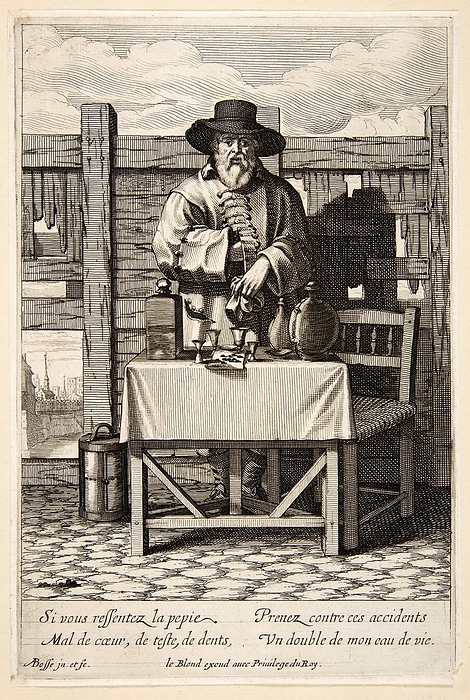 Selling medicinal remedies, 17th century Selling medicinal remedies. 17th century illustration by French artist Abraham Bosse, from his  Les Cris  series on Paris. The etching shows a  brandy or cure seller .