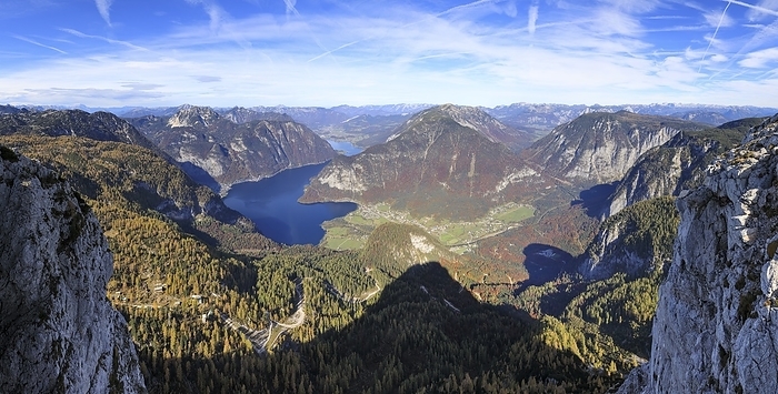Glacial landscape in Salzkammergut, Austria Panoramic view from Krippenstein, a popular viewpoint in the Dachstein mountains near Hallstatt, Upper Austria, Austria. Deep valleys with steep sides and lakes are characteristic of a landscape covered by large glaciers during the ice age. The prominent lake is Hallstatter See.