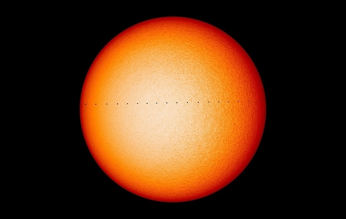 Transit of Mercury across the Sun, composite image Composite image of the transit of the planet Mercury across the Sun, as seen by NASA s Solar Dynamics Observatory on 11th November 2019. Mercury is seen as a black dot passing across the orange disc of the Sun. The Solar Dynamics Observatory views the Sun in a variety of wavelengths of light in the extreme ultraviolet.