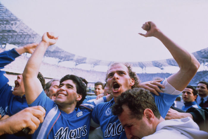 Napoli wins Serie A championship Diego Maradona  Napoli ,  1990   Football :  Diego Maradona  L  and Alemao  R  of Napoli celebrate winning the Scudetto after the Italian  Serie A  match at San Paolo in Napoli, Italy.   Photo by Enrico Calderoni AFLO SPORT   0391 