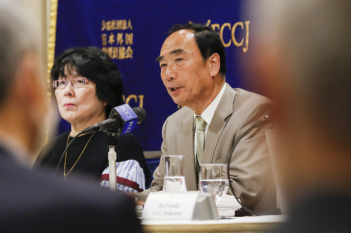 Yasunori and Junko Kagoike speaks at FCCJ  L to R  Junko Kagoike and Yasunori Kagoike former head of Moritomo Gakuen speak during a news conference at The Foreign Correspondents  Club of Japan on February 26, 2020, Tokyo, Japan. Yasunori and his wife Junko Kagoike visited the Club to explain their position after the former head of Moritomo Gakuen has been sentenced to five years in jail for defrauding the government of subsidies. Also, Junko Moritomo was given a three year suspended term for related charges. Japanese Prime Minister Shinzo Abe s wife  Akie Abe  was once the honorary principal of Moritomo Gakuen, which was given a massive discount for the use of land in Osaka.  Photo by Rodrigo Reyes Marin AFLO 