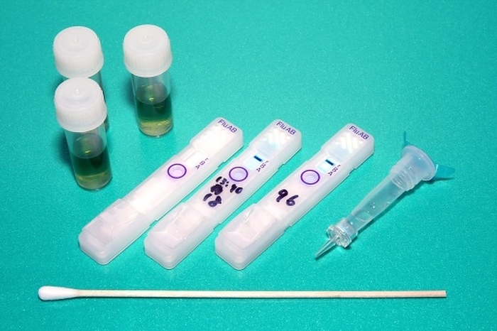 Simple kit used for equine influenza testing Test kits manufactured by Fujirebio, Inc. used for testing under the title of  simple kits  for the horse influenza infection problem. The product name is  Espline Influenza A   B N.  Photo taken August 20, 2007  published August 21, 2007.