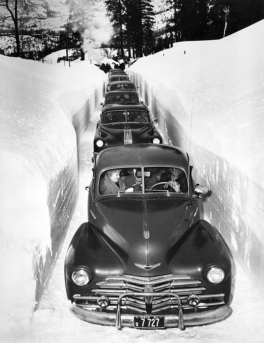 Idaho:  c. 1952
It's slow going through a plowed cut in the mountains of Idaho.