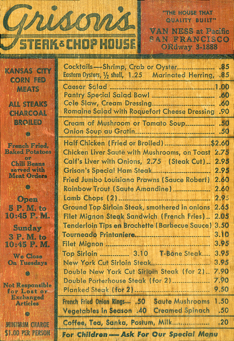 San Francisco, California:  c. 1938.
The wooden menu from Grison's Steak House in San Francisco.