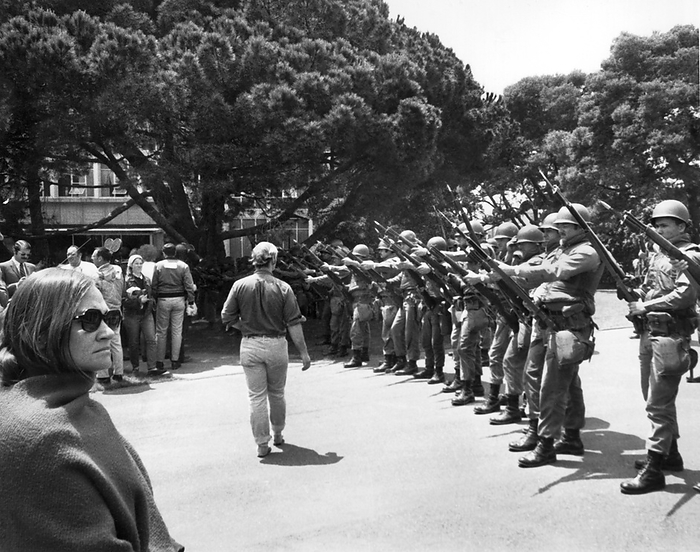 Berkeley, California:  May, 1969
National Guardsmen called in by Governor Ronald Reagon estabalish a perimeter with fixed bayonets on the Univerity of California campus during the days of confrontations with the students.