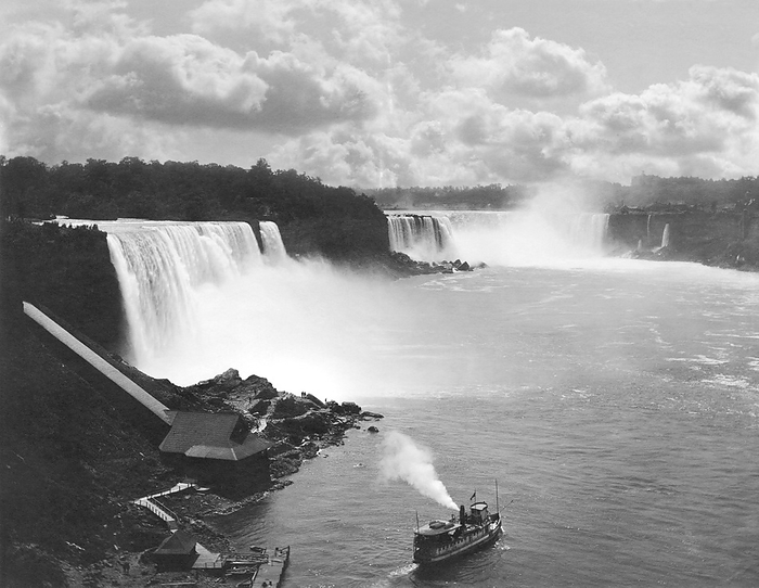 Niagara Falls, New York:  c.  1890
View of Niagara Falls with the Maid of the MIst tour boat in the foreground. The American Falls and then Bridal Veil Falls are at the left with Horseshoe Falls at the right rear.