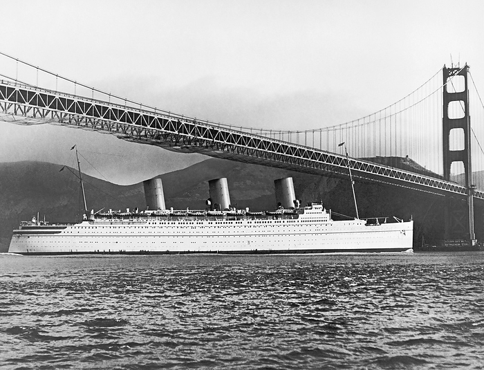 San Francisco, California:   April 29, 1937
The Empress of Britain passenger ship as she enters San Francisco Bay with just a few feet to spare clearing the newly constructed Golden Gate Bridge.