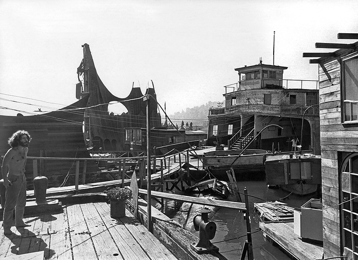 Sausalito, California:  1969.
A view of part of the houseboat community in Sausalito in the late 1960s.