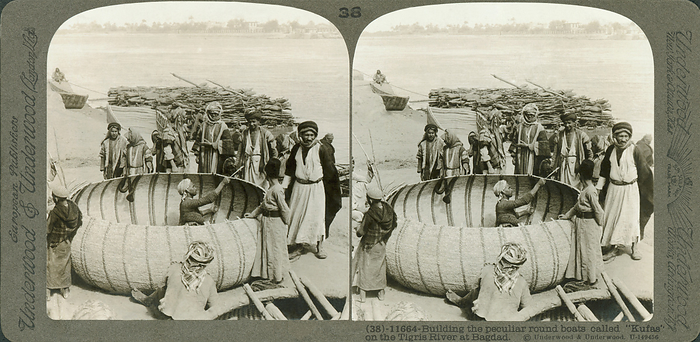 Baghdad, Iraq:  c. 1900
Workmen building an Arabic round boat known as a kufa on the Tigris River at Baghdad.